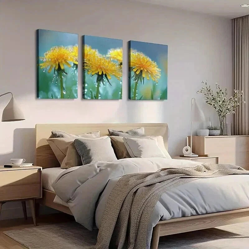 3pcs Morning Dewdrops on Yellow Flowers Wall Art Set Canvas Framed 40x60cm - High Quality Print 100% Australian Made Wall Canvas Ready to Hang