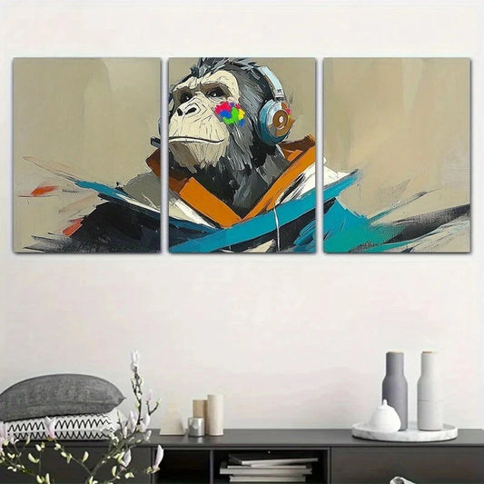 3pcs Orangutan Headphone Abstract Paintings Metal Print Ready to Hang Art