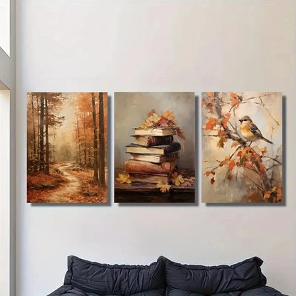 3pcs Vintage Autumn Scene with European Realism Metal Print Ready to Hang Art