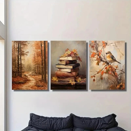 3pcs Vintage Autumn Scene with European Realism Metal Print Ready to Hang Art