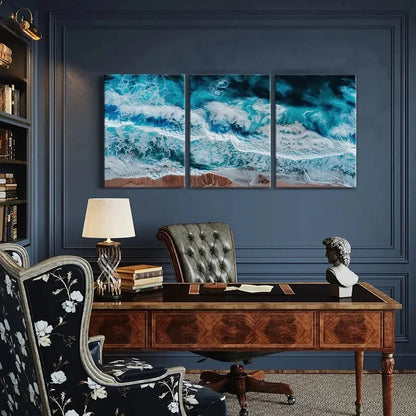 3pcs Turquoise Blue White Foam Abstract DesignMetal Print Ready to Hang Art