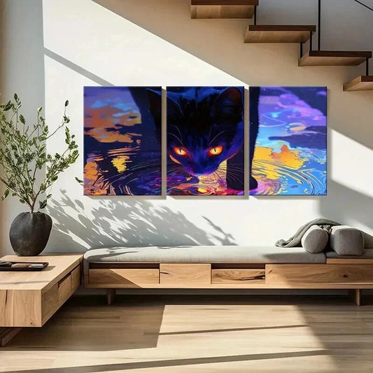 3pcs Psychedelic Abstract Aesthetic Black Cat Wall Art Set Canvas Framed 40x60cm - High Quality Print 100% Australian Made Wall Canvas Ready to Hang