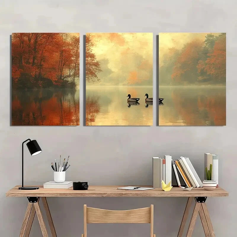 3pcs Abstract Lakeside Landscape with Ducks Metal Print Ready to Hang Art