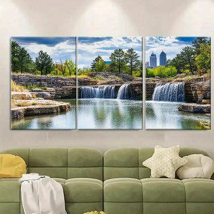 3pcs Nature Scenery with Waterfall & Pine Trees Metal Print Ready to Hang Art