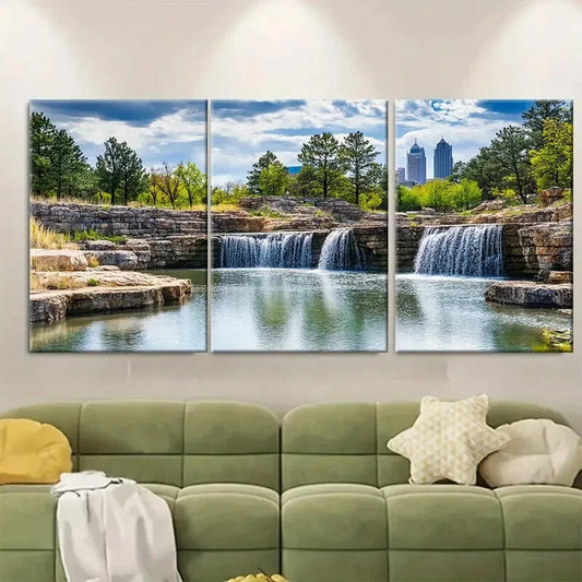 3pcs Nature Scenery with Waterfall & Pine Trees Metal Print Ready to Hang Art