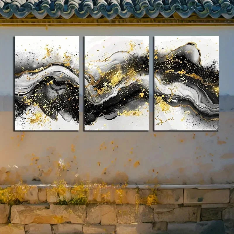 3pcs Vibrant Wave Abstract with Gold Accent Design Metal Print Ready to Hang Art