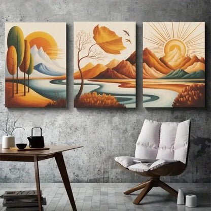 3pcs Abstract Trees Mountains Sun Metal Print Ready to Hang Art