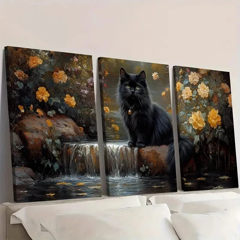 3pcs Black Cat Waterfall & Floral Desig Wall Art Set Canvas Framed 40x60cm - High Quality Print 100% Australian Made Wall Canvas Ready to Hang