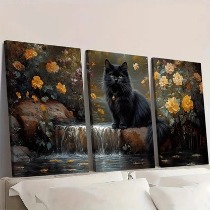 3pcs Black Cat Waterfall & Floral Desig Wall Art Set Canvas Framed 40x60cm - High Quality Print 100% Australian Made Wall Canvas Ready to Hang
