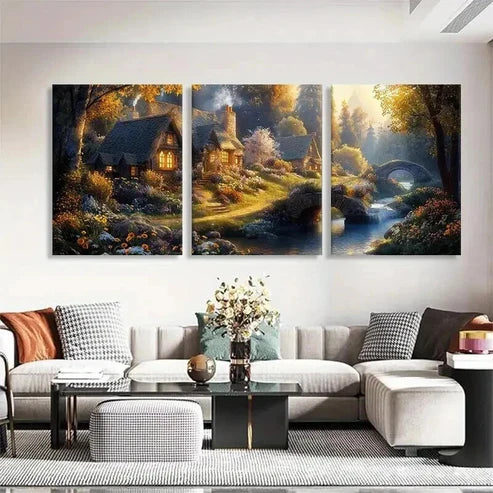 3pcs Enchanted Cottage Landscape Nature Perfect Wall Art Canvas Unframed - High Quality Print 100% Australian Made Wall Canvas