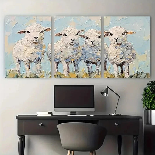 3pcs Sheep Baby Farm Animals Impasto Design Metal Print Ready to Hang Art