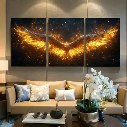 3pcs Vibrant Golden Angelic Wings Metal Print Ready to Hang Art