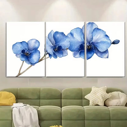 3pcs Elegant Blue Orchid Watercolor Print on Paper Metal Print Ready to Hang Art