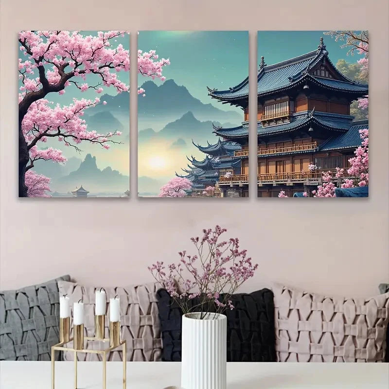 3pcs Traditional Chinese Architecture Landscape Metal Print Ready to Hang Art