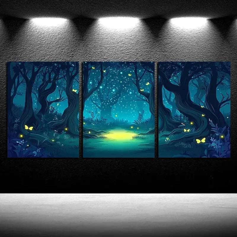 3pcs Modern Nature-Themed Glowing Night Scene Metal Print Ready to Hang Art
