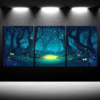 3pcs Modern Nature-Themed Glowing Night Scene Metal Print Ready to Hang Art