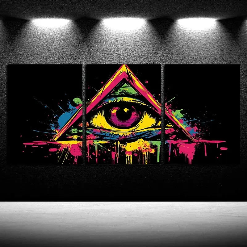 3pcs Vibrant Eyes in The Triangle Paint Splatter Metal Print Ready to Hang Art