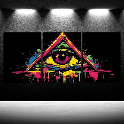 3pcs Vibrant Eyes in The Triangle Paint Splatter Metal Print Ready to Hang Art