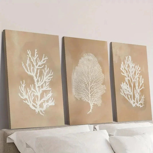 3pcs Beige coral art, seaweed botanical painting Wall Art Set Canvas Framed 40x60cm - High Quality Print 100% Australian Made Wall Canvas Ready to Hang