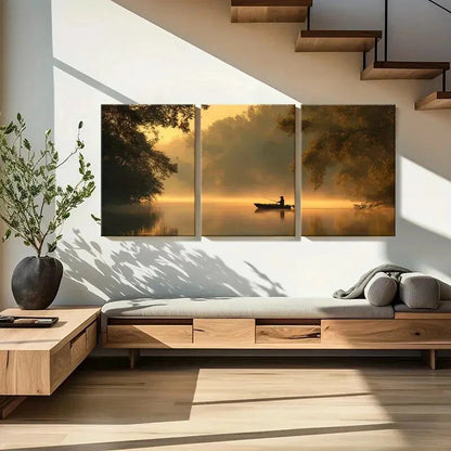3pcs Golden Sunset Fishing Scene Serene Lake Metal Print Ready to Hang Art