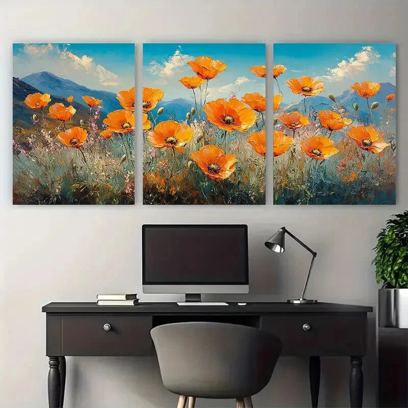3pcs Vibrant California Poppy Flowers Landscape Metal Print Ready to Hang Art
