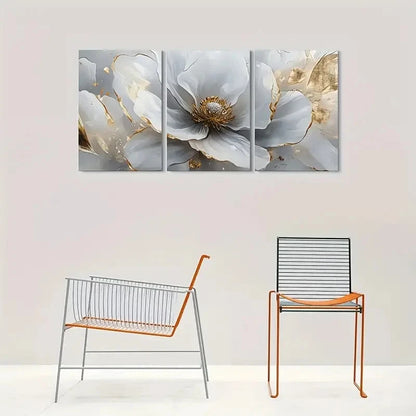 3pcs Abstract Floral Gray & Golden Metal Print Ready to Hang Art