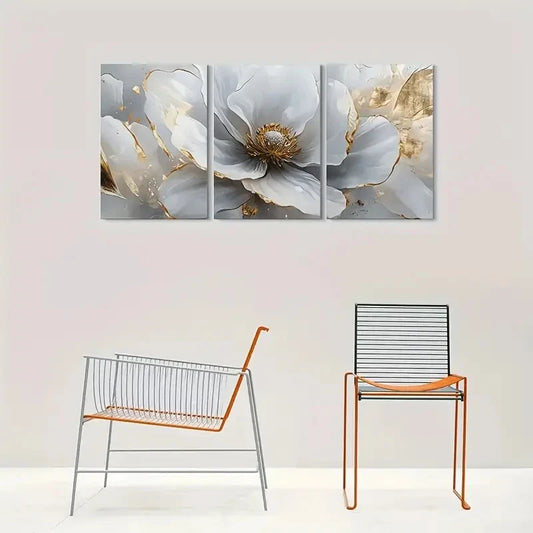 3pcs Abstract Floral Gray & Golden Metal Print Ready to Hang Art