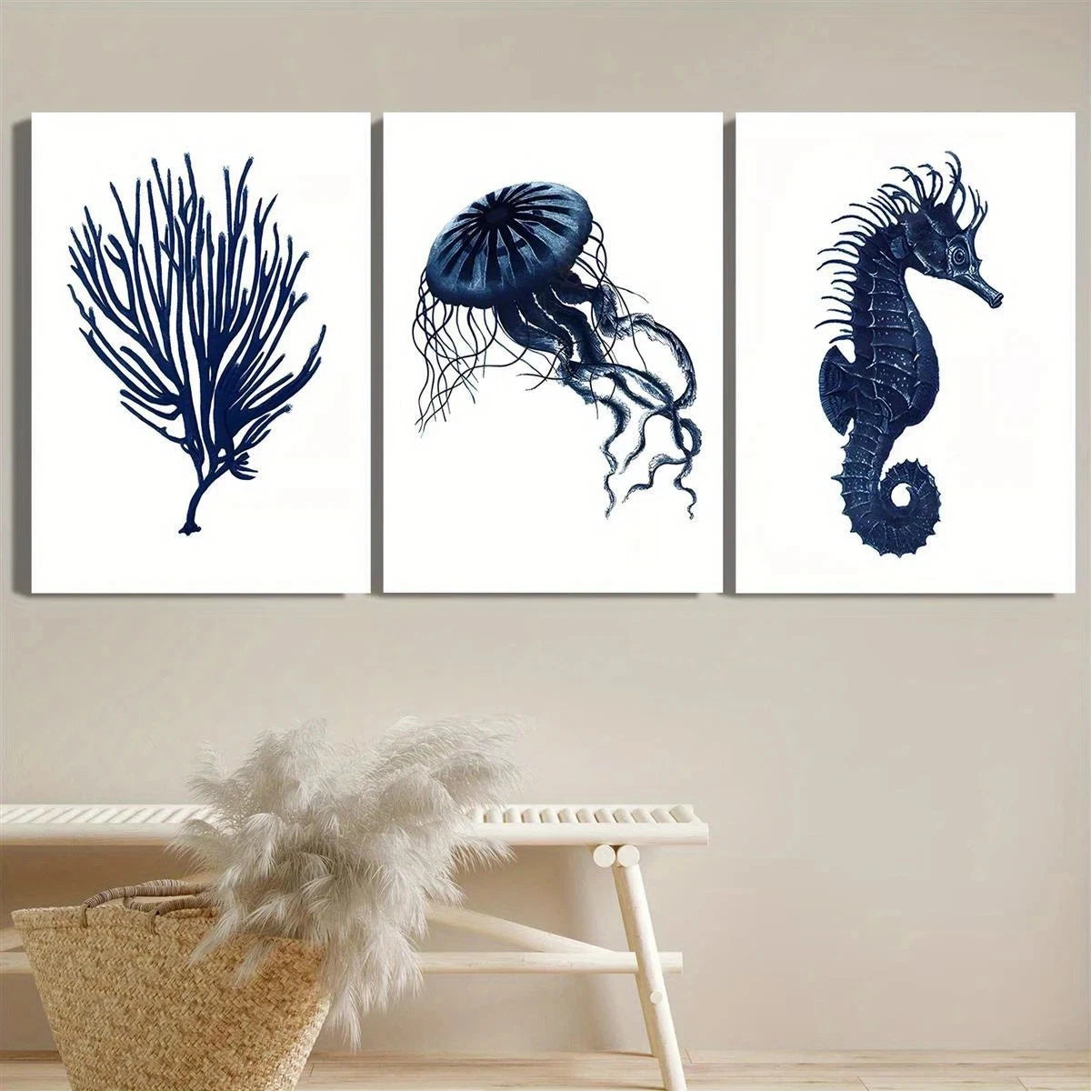 3pcs Navy Blue Coral Jellyfish & Hippocampus Metal Print Ready to Hang Art