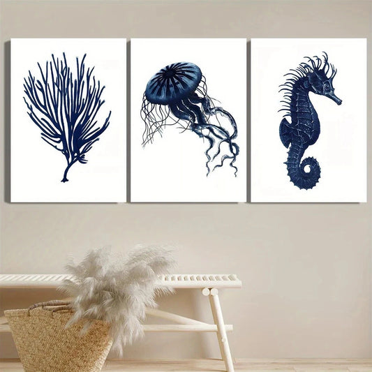 3pcs Navy Blue Coral Jellyfish & Hippocampus Metal Print Ready to Hang Art