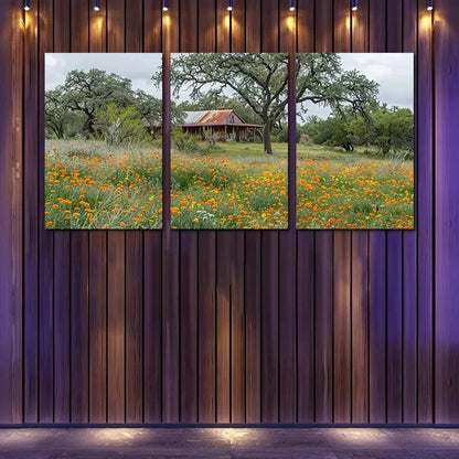 3pcs A Rustic Cabin In A Field Of Wildflowers Wall Art Set Canvas Framed 50x70cm - High Quality Print 100% Australian Made Wall Canvas Ready to Hang
