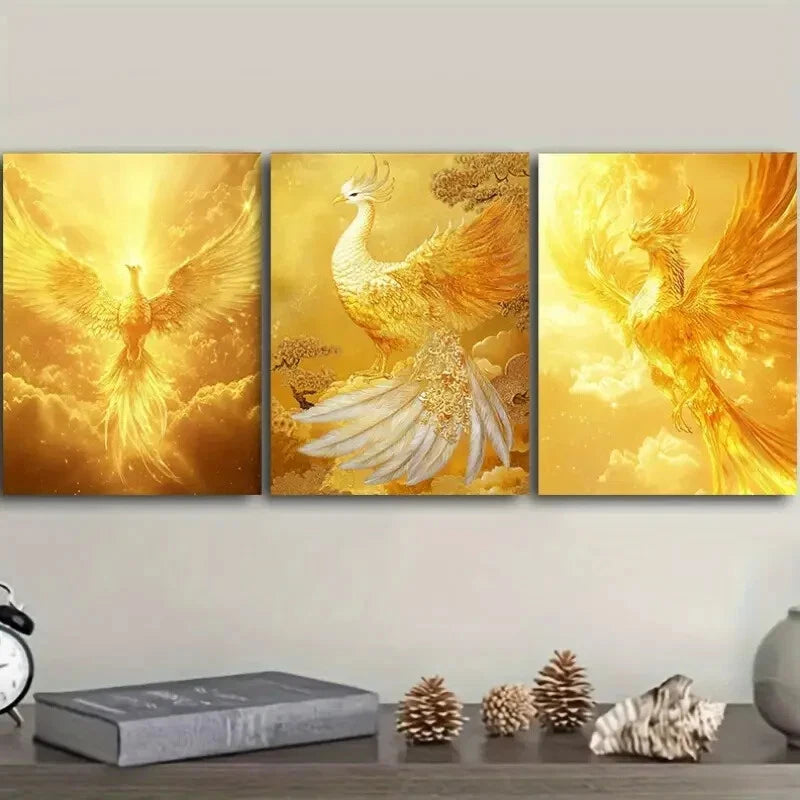 3pcs Golden Phoenix Shines in the Sky Metal Print Ready to Hang Art