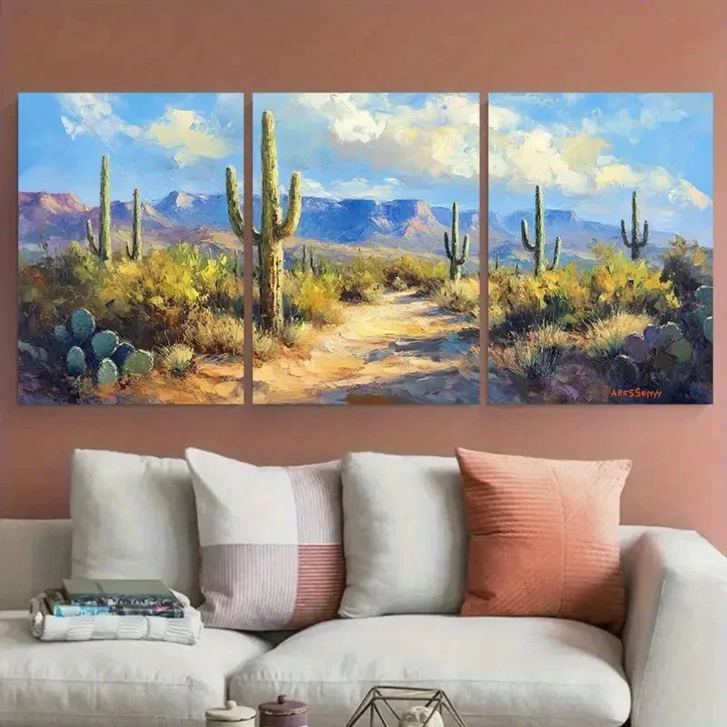 3pcs Saguaro Cactus Landscape Impasto Design Wall Art Set Canvas Framed 50x70cm - High Quality Print 100% Australian Made Wall Canvas Ready to Hang