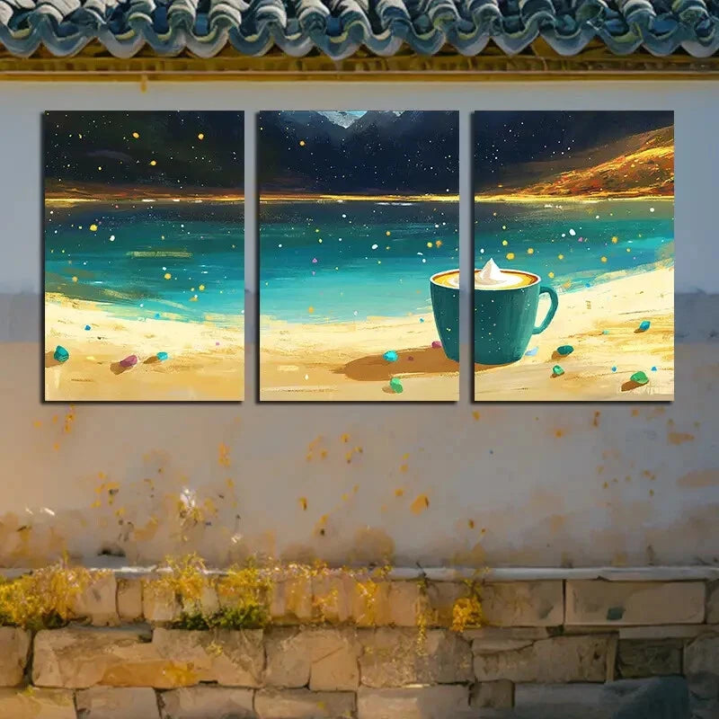 3pcs Serene Lake and Coffee Cup Metal Print Ready to Hang Art