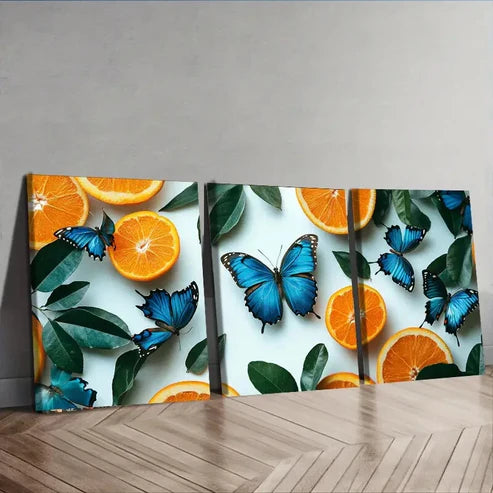 3pcs Blue Butterflies & Orange Tree Perfect Wall Wall Art Set Canvas Unframed - High Quality Print 100% Australian Made Wall Canvas