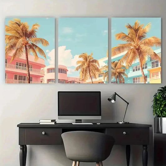 3pcs Pastel Deco And Palm Trees Mount Perfect Wall Art Set Canvas Framed 40x60cm - High Quality Print 100% Australian Made Wall Canvas Ready to Hang