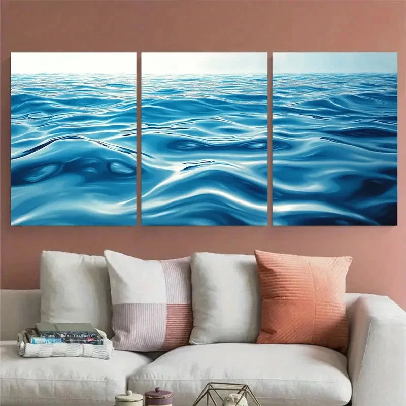 3pcs Coastal Timeless Blue Lake Ripple Abstract Wall Art Set Canvas Framed 40x60cm - High Quality Print 100% Australian Made Wall Canvas Ready to Hang