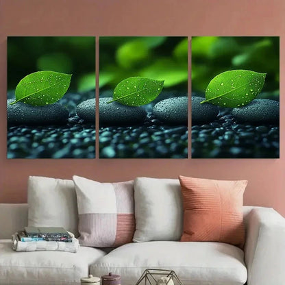3pcs Tranquil Green Leaves and Zen Stones Spa Metal Print Ready to Hang Art