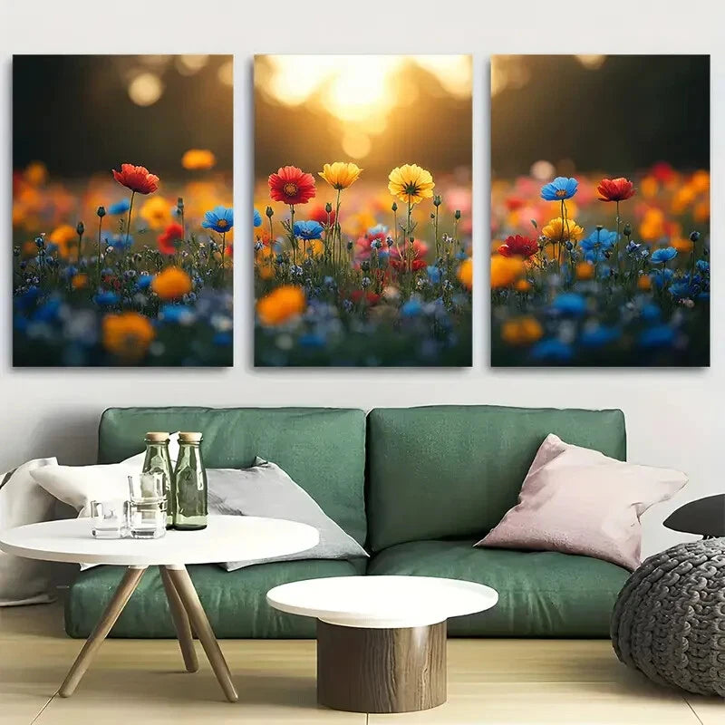 3pcs Vibrant Countryside Wildflowers Meadow Metal Print Ready to Hang Art
