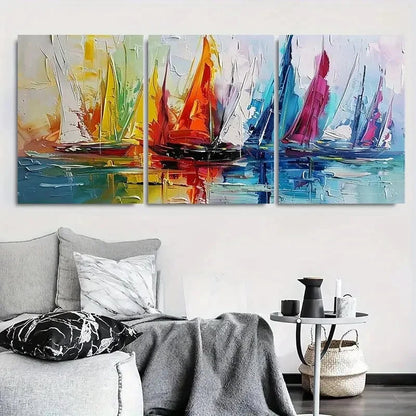 3pcs Vibrant Textured Colorful Sailing Boats Metal Print Ready to Hang Art