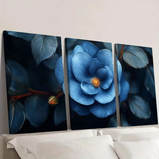 3pcs Elegant Blue Roses and Leaves on Dark  Wall Art Set Canvas Framed 60x90cm - High Quality Print 100% Australian Made Wall Canvas Ready to Hang