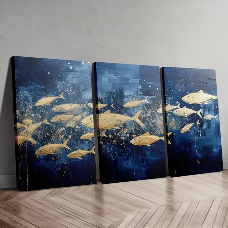 3pcs Abstract Fish School Wall Art Set Canvas Framed 60x90cm – High Quality Print, 100% Australian Made, Ready to Hang