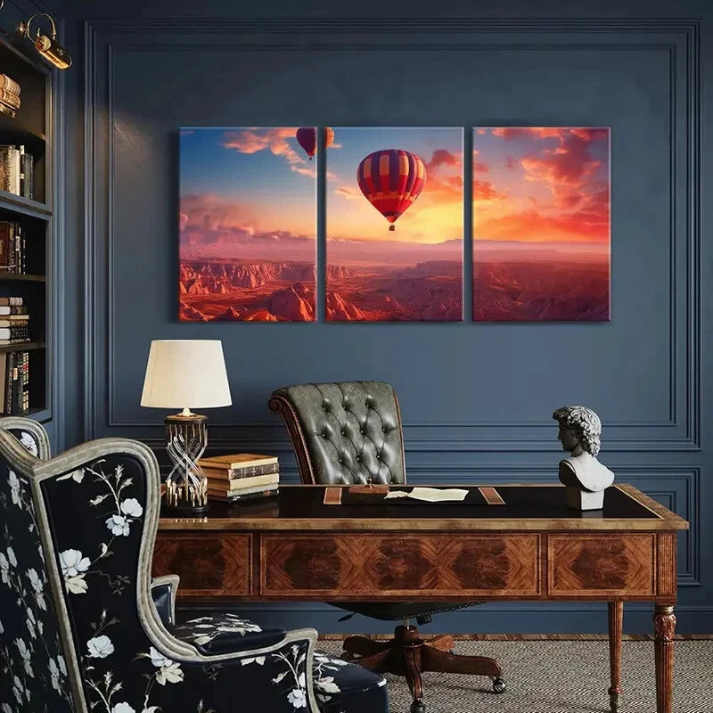 3pcs Hot Air Balloon Landscape Sunset Glow Metal Print Ready to Hang Art
