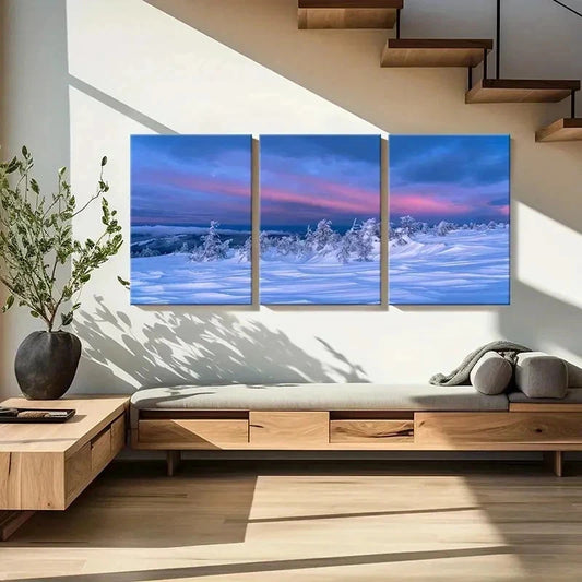 3pcs Snowscape Sunset & Trees, Modern Wall Art Set Canvas Framed 40x60cm - High Quality Print 100% Australian Made Wall Canvas Ready to Hang