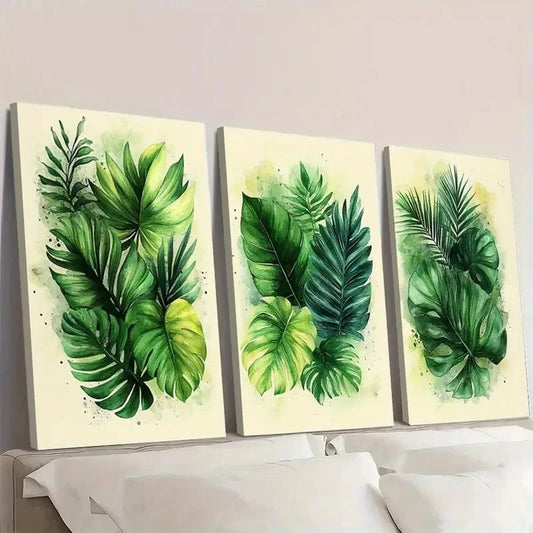 3pcs Green Tropical Leaves ET  Wall Art Set Canvas Framed 40x60cm - High Quality Print 100% Australian Made Wall Canvas Ready to Hang