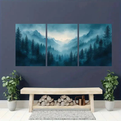 3pcs Misty Blue & Emerald Green Mountain Landscape Metal Print Ready to Hang Art