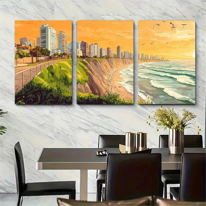 3pcs Vibrant Peruvian Skyscrapers Beach & Sunset Metal Print Ready to Hang Art