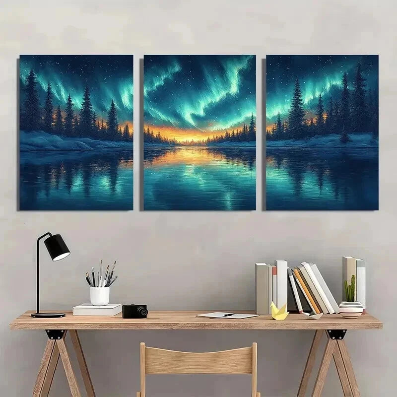 3pcs Northern Lights Borealis Aurora Night Wall Art Set Canvas Framed 40x60cm - High Quality Print 100% Australian Made Wall Canvas Ready to Hang