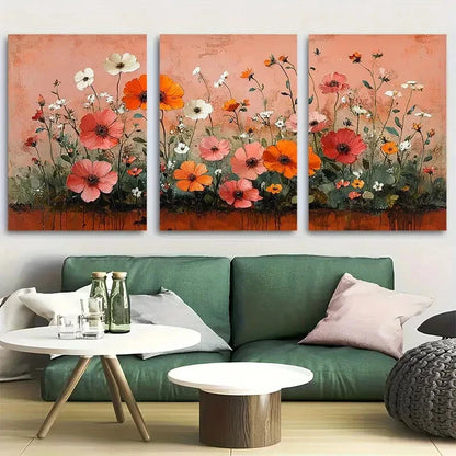 3pcs Vibrant Wildflower Garden Pink Orange Decor Metal Print Ready to Hang Art