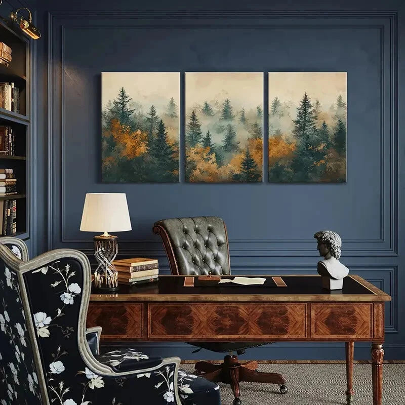 3pcs Misty Forest Silhouettes Autumn Colors Metal Print Ready to Hang Art