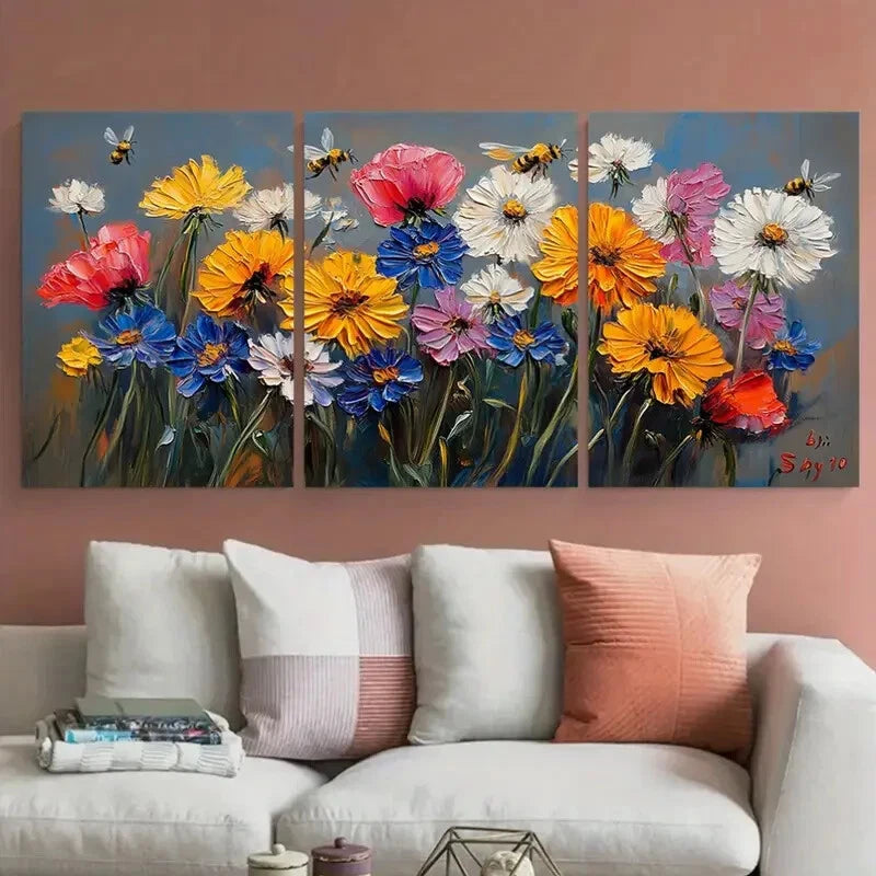3pcs Poppy Flowers Cornflowers Honeybee Metal Print Ready to Hang Art
